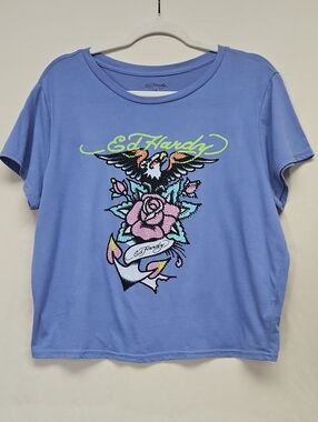 Ed Hardy Rhinestone Graphic Tee 1X Blue Tattoo Y2K Rocker
